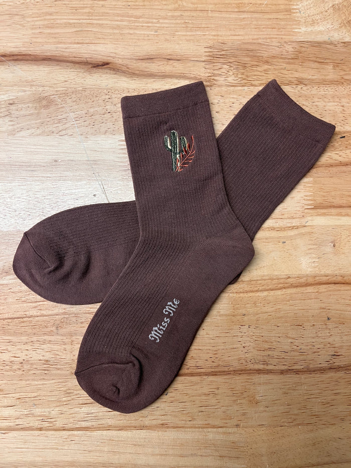 Miss Me Women's Brown Cactus Crew Socks ACC0005-Painted Cowgirl Western Store