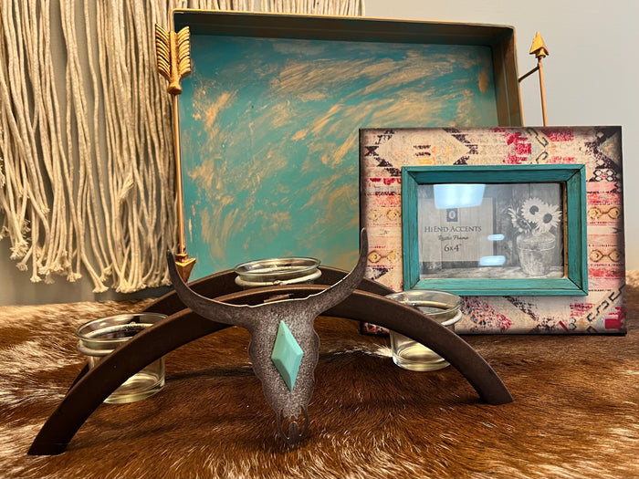 HiEnd Accents Skull Arched Metal Candle Holder w/ 3 Glass Votive Holders WD3007-Painted Cowgirl Western Store