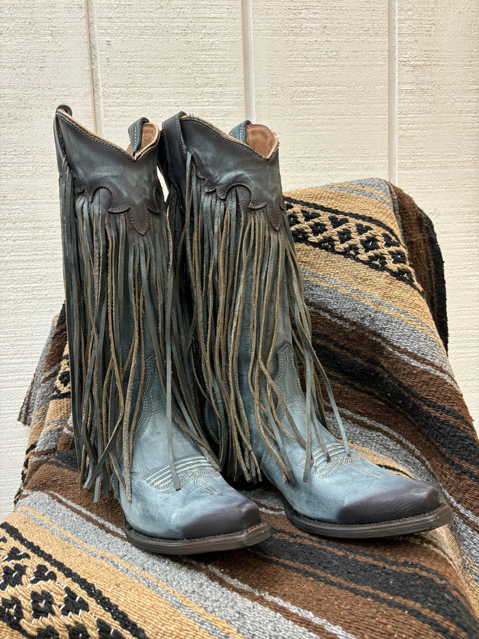 Circle G Women's Blue Leather Fringe Snip Toe Cowgirl Boots L6074-Painted Cowgirl Western Store