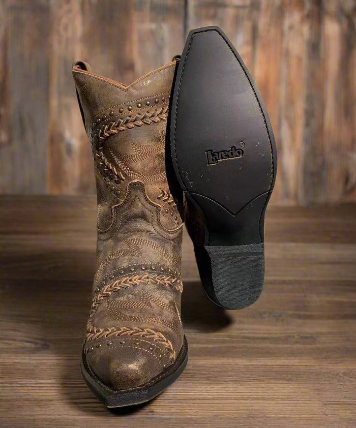Laredo Women's Brown Fancy Shortie Ankle Snip Toe Cowgirl Boots 52402