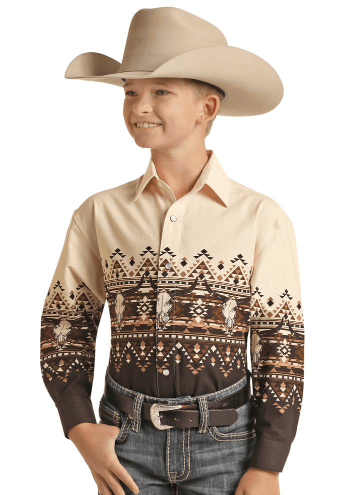 Panhandle Boy's Aztec Border Natural Snap Long Sleeve Western Shirt PHBSOSRZ1U
