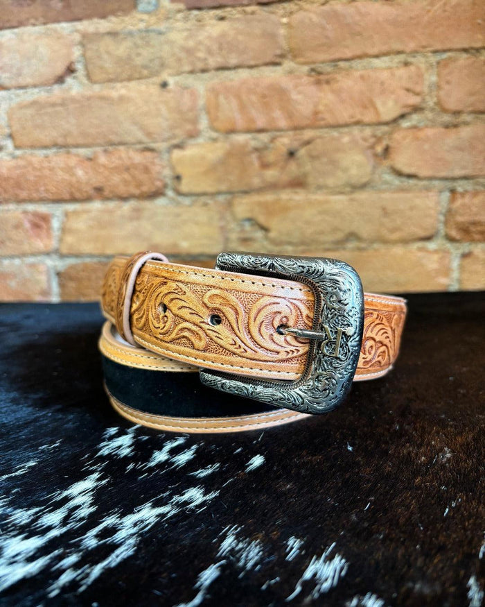 R. Watson Men's Black Suede with Natural Tanned Billets Western Belt RWB2317-Painted Cowgirl Western Store