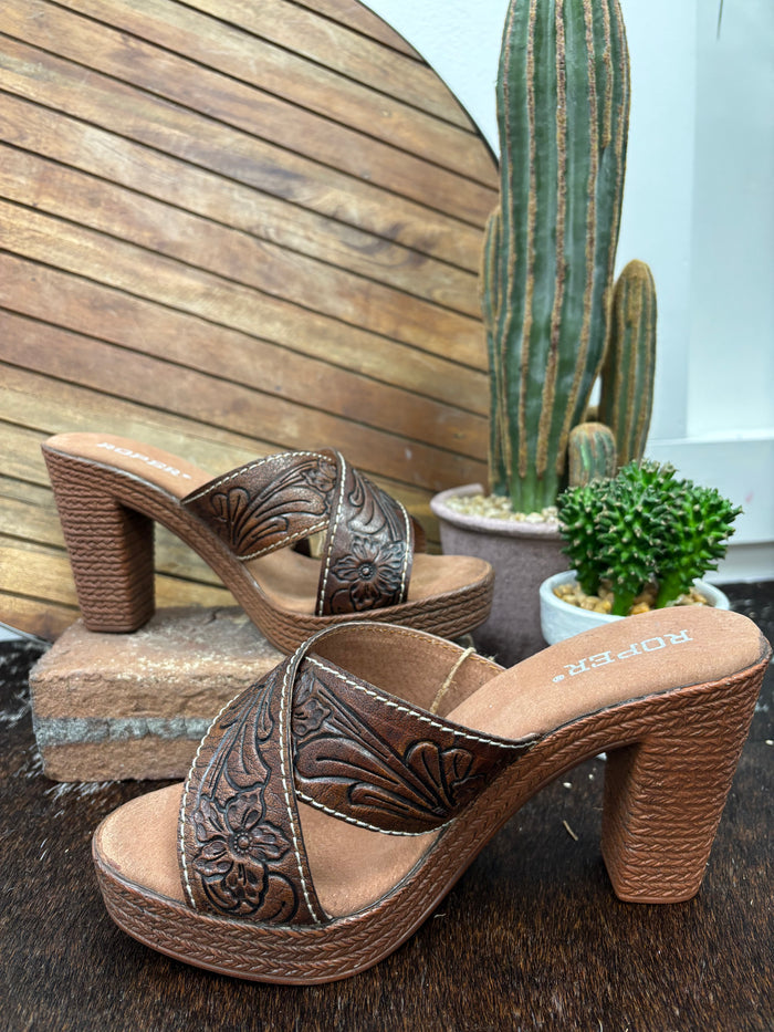 Roper Women's Cognac Tooled Leather Open Toe Sandal 0946-3211-Painted Cowgirl Western Store