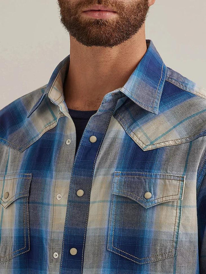 Wrangler Retro Men's Beigey Blue Plaid Snap Long Sleeve Western Shirt 112344559-Painted Cowgirl Western Store