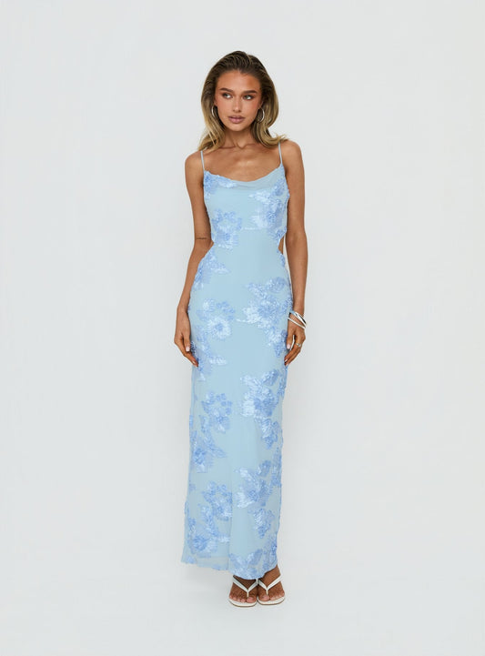 Angel Voices Cowl Neck Maxi Dress Blue Burnout