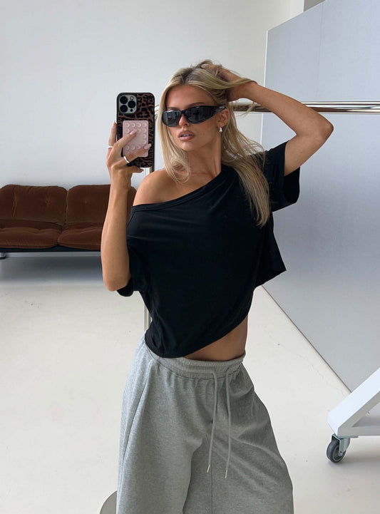 Bailea Off Shoulder Cropped Tee Black
