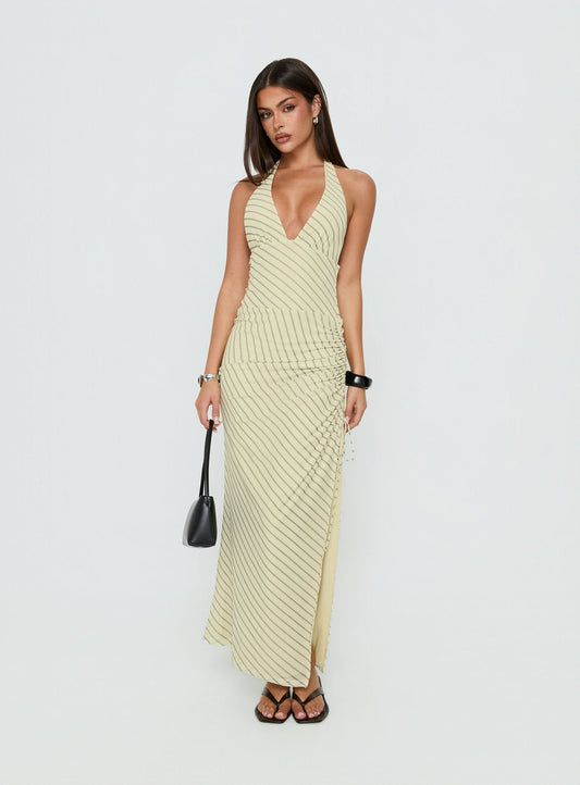 Adolena Halter Ruched Maxi Dress Yellow Stripe