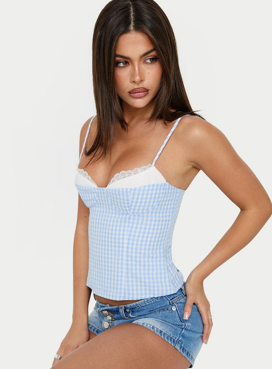 Baby Steps Spliced Bust Detail Cami Top Blue Gingham