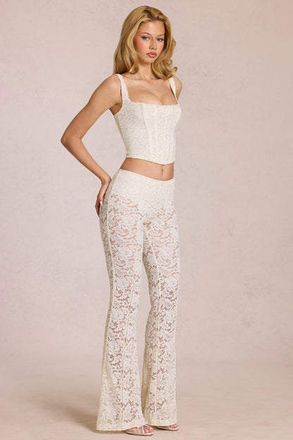 Sheer Lace Mid-Rise Flared Trousers in Pearl