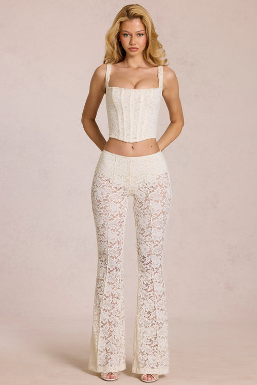 Sheer Lace Mid-Rise Flared Trousers in Pearl