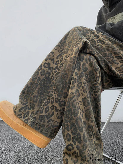 Y2K Leopard Print Wide Leg Women High Waisted Fashion Streetwear Retro Denim Baggy Casual Straight Jean