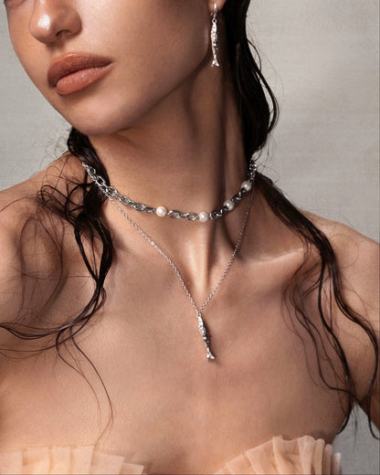 Anchovy Necklace & Earrings Set in Silver