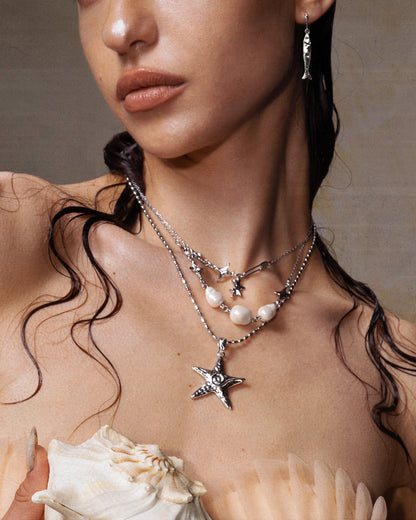 Anchovy Earrings & Starfish Necklace Set in Silver