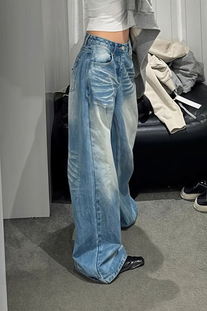 Creased Washed Floor-Length Straight Leg Jeans