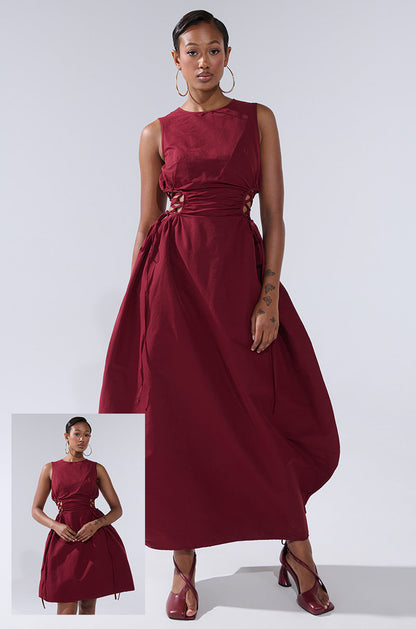 ALINA LACE UP DETAIL MAXI DRESS IN BURGUNDY