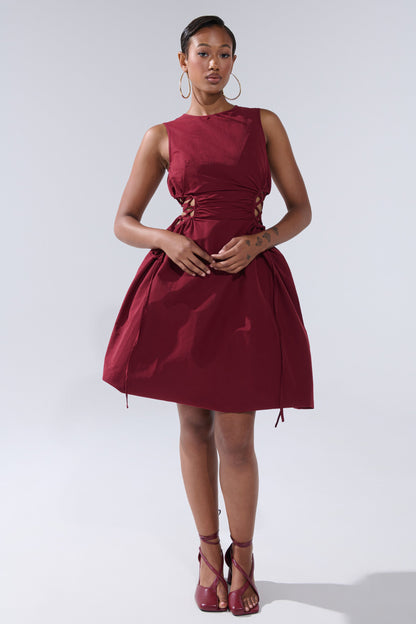 ALINA LACE UP DETAIL MAXI DRESS IN BURGUNDY