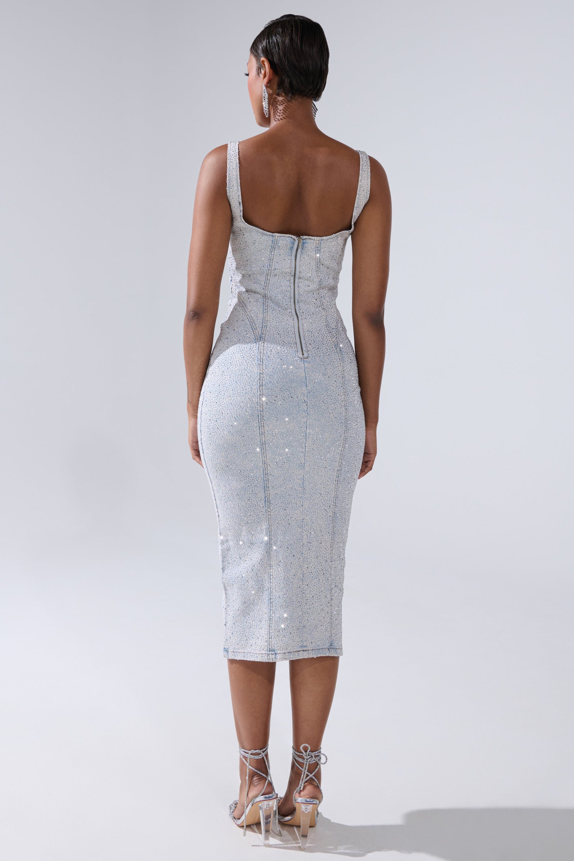 AFTER HOURS RHINESTONE MIDI DRESS IN LIGHT BLUE DENIM