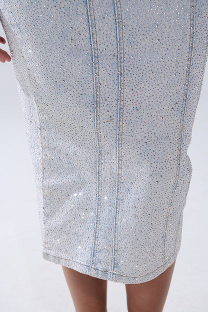AFTER HOURS RHINESTONE MIDI DRESS IN LIGHT BLUE DENIM
