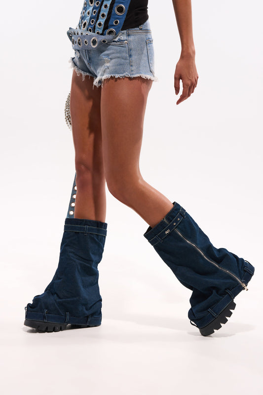 AKIRA GOLD ANGELA FOLD OVER PLATFORM BOOT IN DARK DENIM