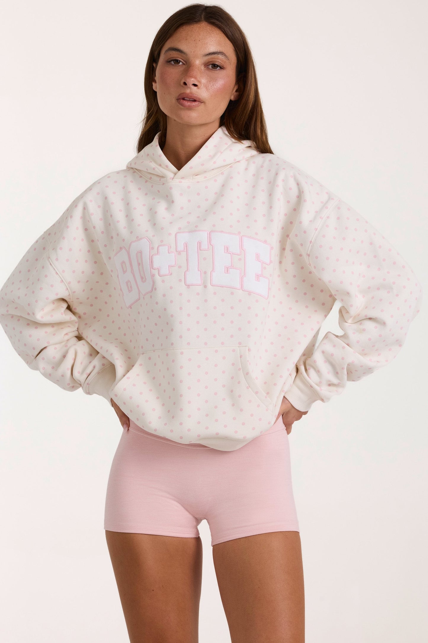 Oversized Applique Hoodie in Blush Polka Dot