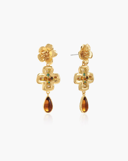 Amber Dew Floral Cross Earrings