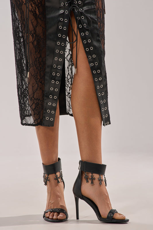 AKIRA GOLD CLERGY BLACK EMBELLISHED SEXY STRAP STILETTO HEEL