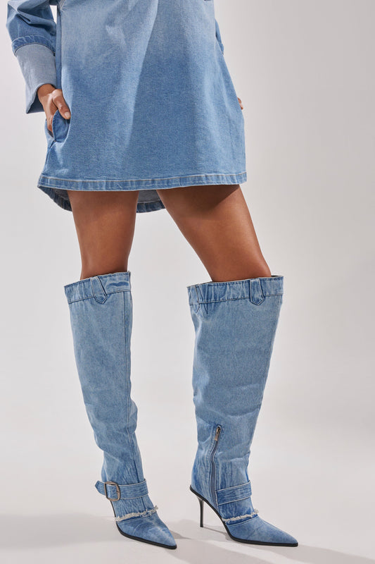 AKIRA GOLD DURANGO DENIM STILETTO PANT LOOK BOOT