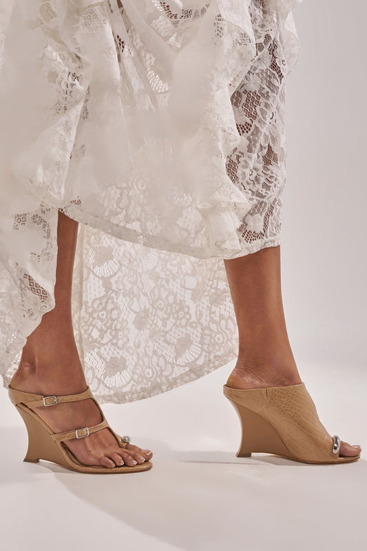 AKIRA GOLD GINO NUDE CROC WEDGE SANDAL