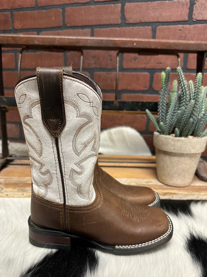 Roper Children’s Monterey Brown Leather & White Top Square Toe Cowboy Boots 0911-2941-Painted Cowgirl Western Store