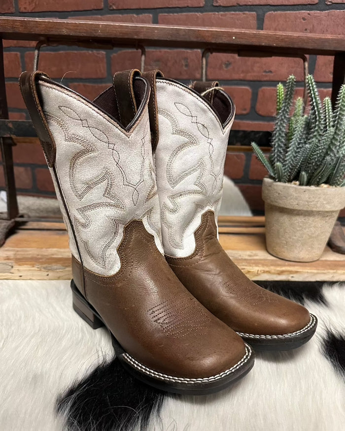 Roper Children’s Monterey Brown Leather & White Top Square Toe Cowboy Boots 0911-2941-Painted Cowgirl Western Store