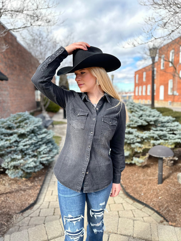 Rock & Roll Cowgirl Women's Rough Stock Black Denim Long Sleeve Snap Up Western Shirt BWN2S03703-Painted Cowgirl Western Store