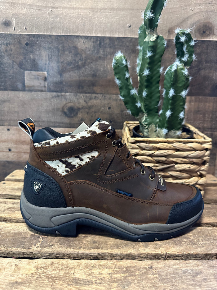 Ariat Women's Terrain H2O Waterproof Distressed Brown and Speckled Cow Print Lace Up Shoe 10044538-Painted Cowgirl Western Store