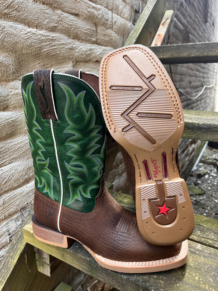 Durango Men’s Rebel Brown with Green Top Square Toe Cowboy Boots DDB0461-Painted Cowgirl Western Store