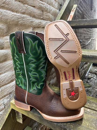 Durango Men’s Rebel Brown with Green Top Square Toe Cowboy Boots DDB0461-Painted Cowgirl Western Store