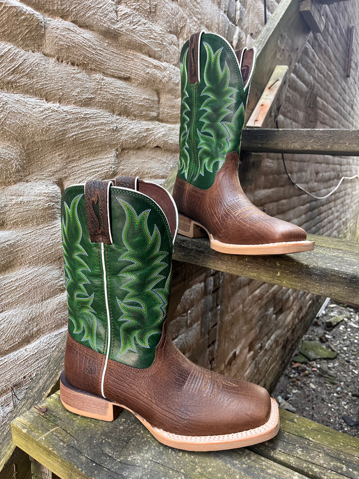 Durango Men’s Rebel Brown with Green Top Square Toe Cowboy Boots DDB0461-Painted Cowgirl Western Store