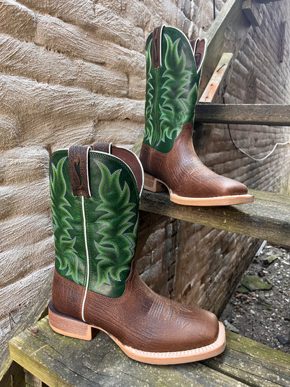 Durango Men’s Rebel Brown with Green Top Square Toe Cowboy Boots DDB0461-Painted Cowgirl Western Store