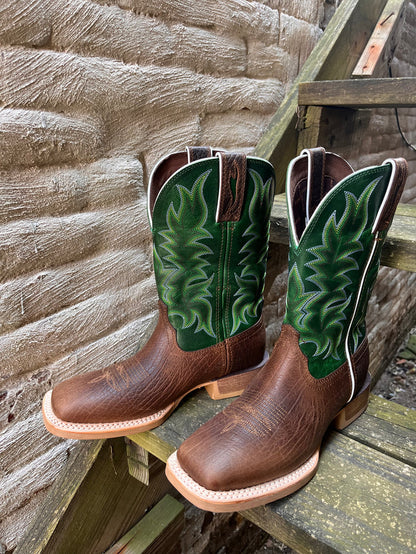 Durango Men’s Rebel Brown with Green Top Square Toe Cowboy Boots DDB0461-Painted Cowgirl Western Store