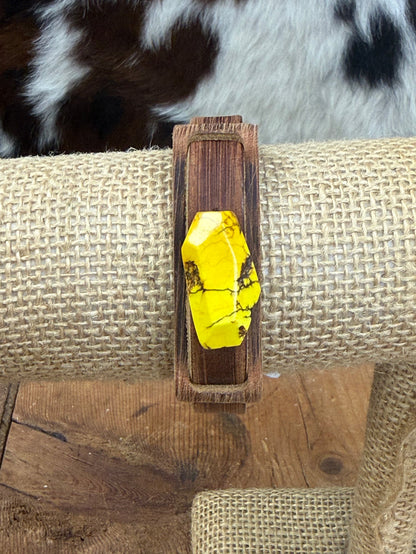 The Jewelry Junkie Narrow Brown Leather Cuff with Yellow Stone Turquoise Bracelet 010q