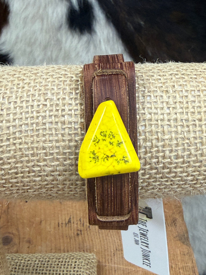 The Jewelry Junkie Narrow Brown Leather Cuff with Yellow Stone Turquoise Bracelet 010q