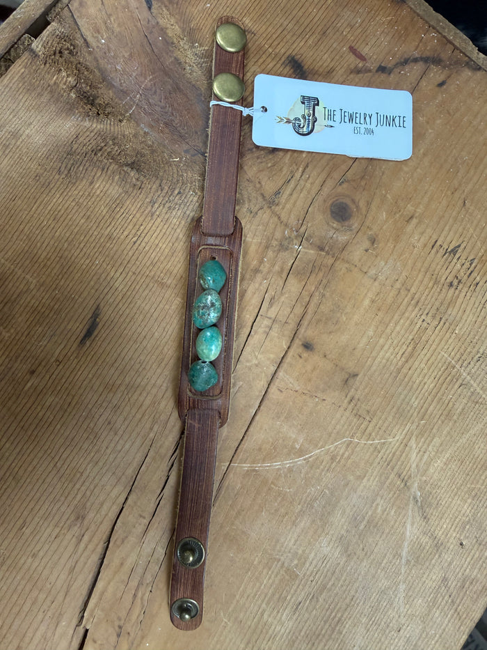 The Jewelry Junkie Narrow Brown Leather Cuff with African Turquoise Bracelet 006q