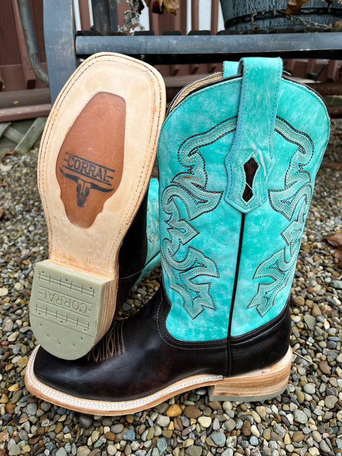 Corral Men's Brown Leather & Turquoise Shaft Square Toe Cowboy Boots A4347-Painted Cowgirl Western Store