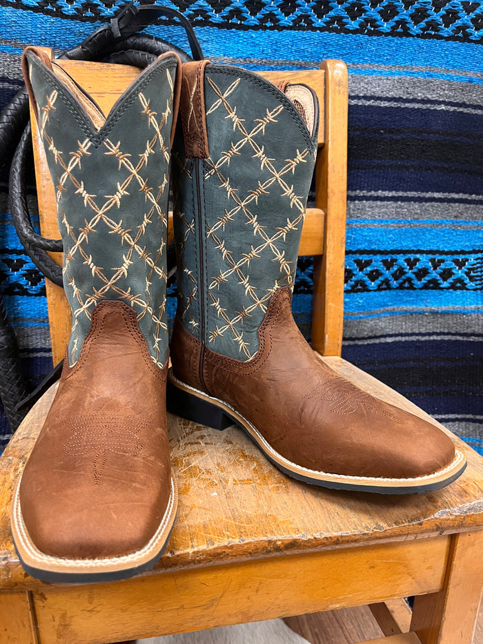 Twisted X Children & Youth Top Hand Brown & Slate Blue Square Toe Boot YTH0019-Painted Cowgirl Western Store