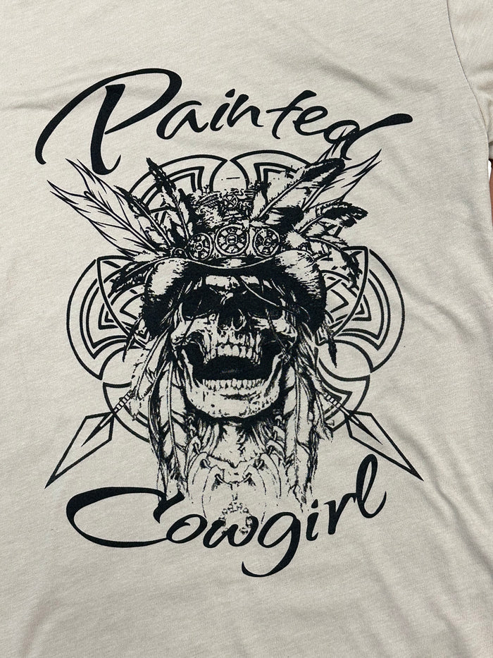 Painted Cowgirl Native Skull Logo Tan Tee Shirt T-Shirt PCNST-Painted Cowgirl Western Store