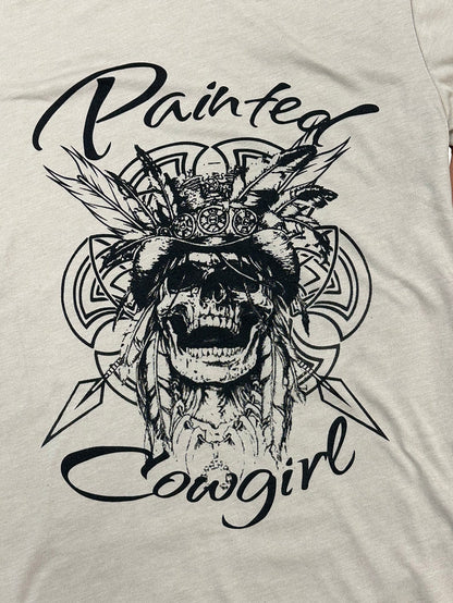 Painted Cowgirl Native Skull Logo Tan Tee Shirt T-Shirt PCNST-Painted Cowgirl Western Store
