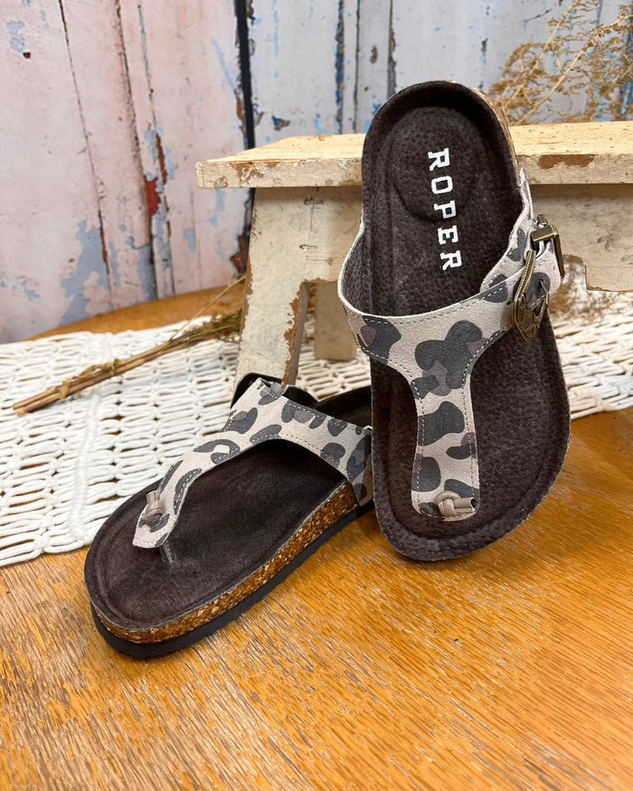 Roper Women's Helena Leopard Brown & Creme Suede Leather Thong Sandal 0607-3151-Painted Cowgirl Western Store