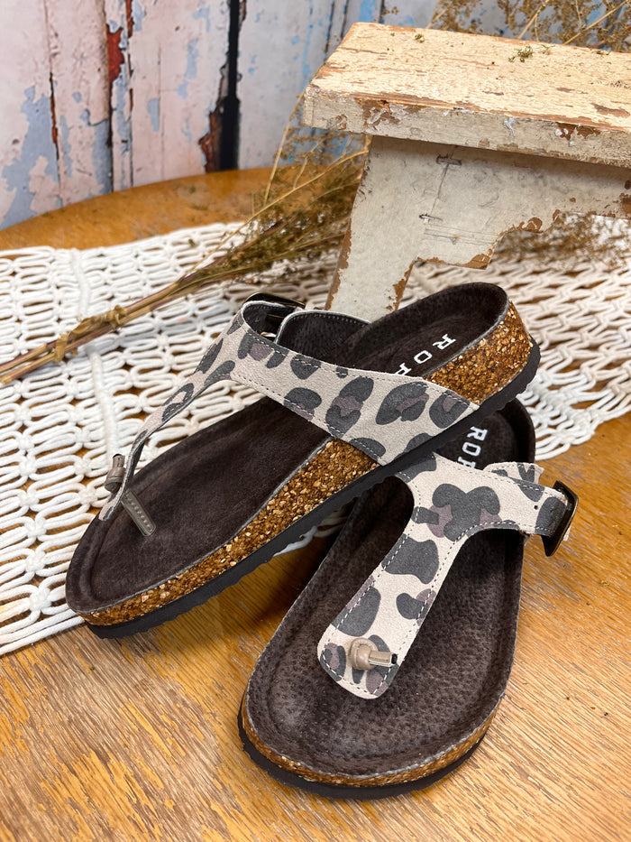 Roper Women's Helena Leopard Brown & Creme Suede Leather Thong Sandal 0607-3151-Painted Cowgirl Western Store