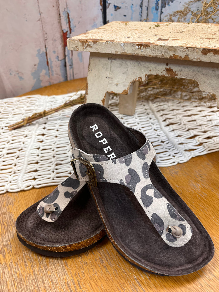 Roper Women's Helena Leopard Brown & Creme Suede Leather Thong Sandal 0607-3151-Painted Cowgirl Western Store