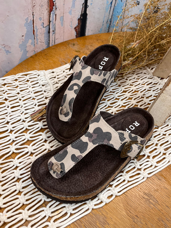 Roper Women's Helena Leopard Brown & Creme Suede Leather Thong Sandal 0607-3151-Painted Cowgirl Western Store