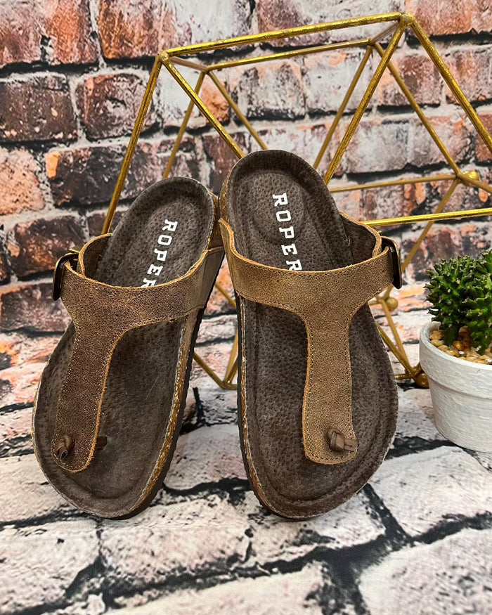 Roper Women's Helena Brown Oiled Leather Thong Sandal 0607-3150-Painted Cowgirl Western Store