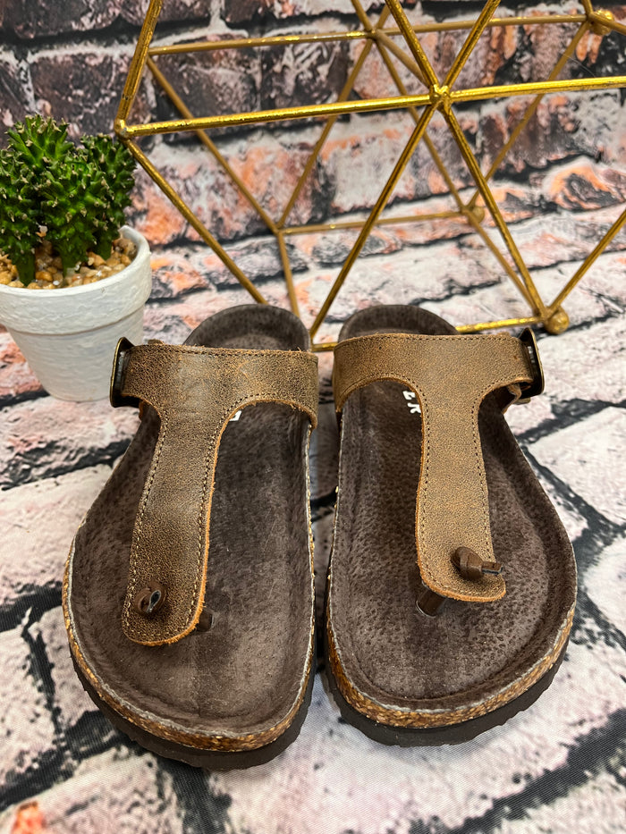 Roper Women's Helena Brown Oiled Leather Thong Sandal 0607-3150-Painted Cowgirl Western Store